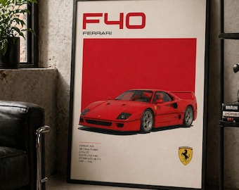 Retro Sportwagen Wandkunst, Ferrari F40 Poster Druck, Vintage Supercar Dekor, 80er Jahre Auto Kunst, Automobil Wanddekoration, Geschenk für Autoliebhaber