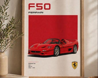 Retro Sportwagen Poster - Ferrari F50 Print, Vintage Supercar Wandkunst, 90er Jahre exotisches Auto-Dekor, klassischer Sportwagen, Geschenk für Auto-Enthusiasten