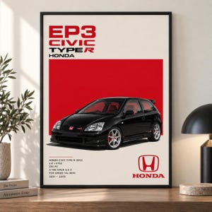 Gerahmtes Poster mit Honda EP3 Civic Type R, Kunstdruck, JDM-Auto-Wandbild, EP3 Type R-Kunstwerk, japanisches Auto-Poster, Honda-Geschenk