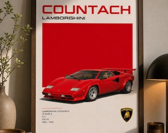 Lamborghini Countach Poster, Vintage Supercar Wall Art, Red Countach LP5000 S V12 1980s Car Print, Lamborghini Decor, Gift for Car Lovers
