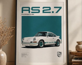 Blautürkis gerahmte Wand Porsche 911 Carrera RS 2.7 Kunstdruck, Vintage Porsche Plakat, klassisches Auto-Dekor, Automobilkunst, Retro Sportwagen-Druck