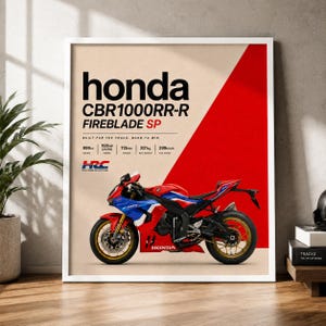 Könnte beinhalten: Ein gerahmtes Poster mit einem rot-weiß-blauen Honda CBR1000RR-R Fireblade SP Motorrad. Der Text enthält den Modellnamen, das HRC-Logo und technische Daten wie 999cc, 160kW, 113Nm, 201kg und 299km/h auf einem cremefarbenen Hintergrund.