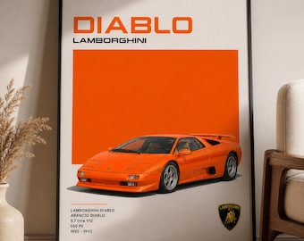 Lamborghini Diablo Poster, Diablo Framed Wall Art, Retro Supercar Print, Italian Sports Car Poster, Car Lover Gift Idea