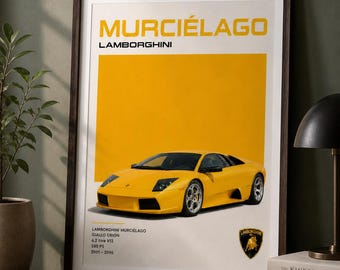 Lamborghini Murcielago Wall Art Poster, Yellow Supercar Print, Luxury Car Decor, Retro Automotive Artwork, Gift for Car Enthusiast