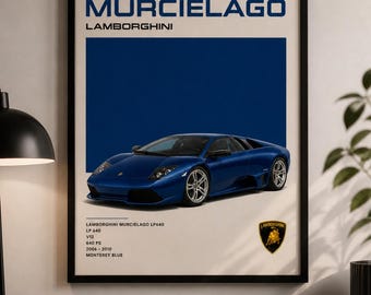 Lamborghini Murciélago LP640 Gerahmte Wandkunst, Supercar Poster, Exotisches Auto Druck, Retro Auto Dekor, Automobiles Kunstwerk, Geschenk für Autoliebhaber