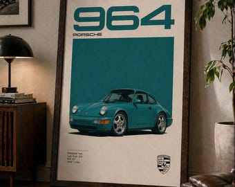 Blaugrüner Wandkunst Porsche 964 gerahmter Druck, 911 Carrera Poster, klassisches Porsche Kunstwerk, minimalistisches Autodekor, Geschenk für Ihn