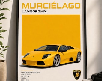 Lamborghini Murcielago Framed Wall Art Poster, Yellow Supercar Print, Luxury Car Decor, Retro Automotive Artwork, Gift for Car Enthusiast