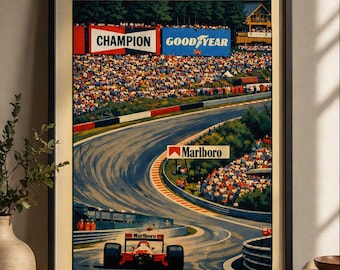 Ayrton Senna Spa Francorchamps Gerahmtes Poster - Vintage F1 Wandkunst Druck