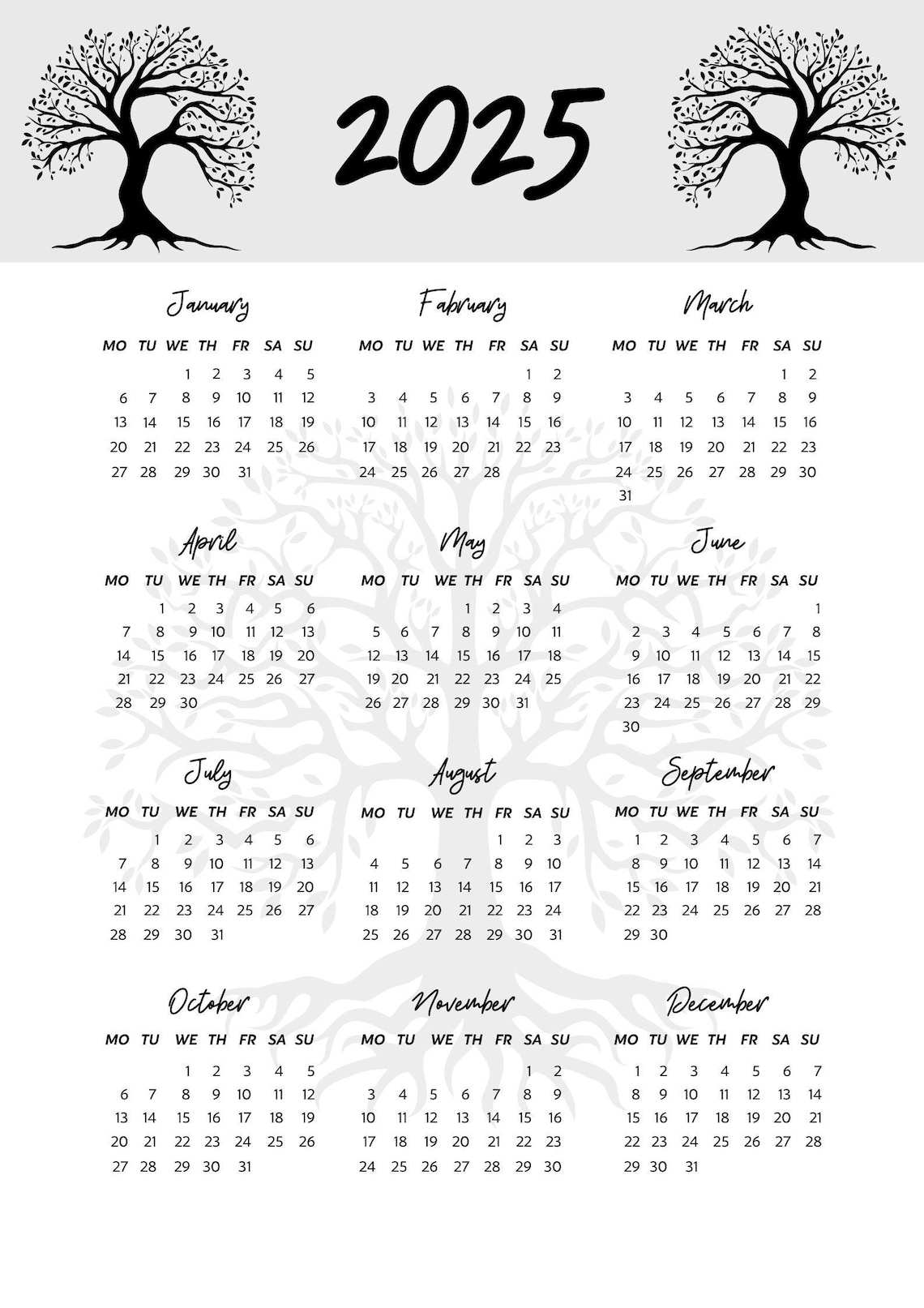 2025 Calendar Wall Chart Elegant Tree Theme Printable PDF Etsy