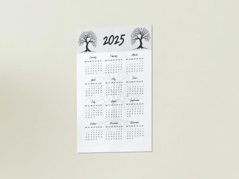 2025 Calendar Wall Chart Elegant Tree Theme Printable PDF Etsy