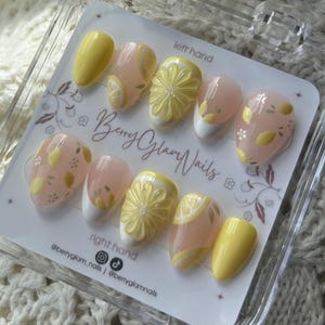 Pink lemonade nails | Fruit nails | Press On Nails | Summer Nail Art | Hand Painted Gel Nails | Reusable Press Ons