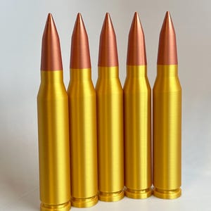 May include: Five gold-coloured bullets with a copper-coloured tip.