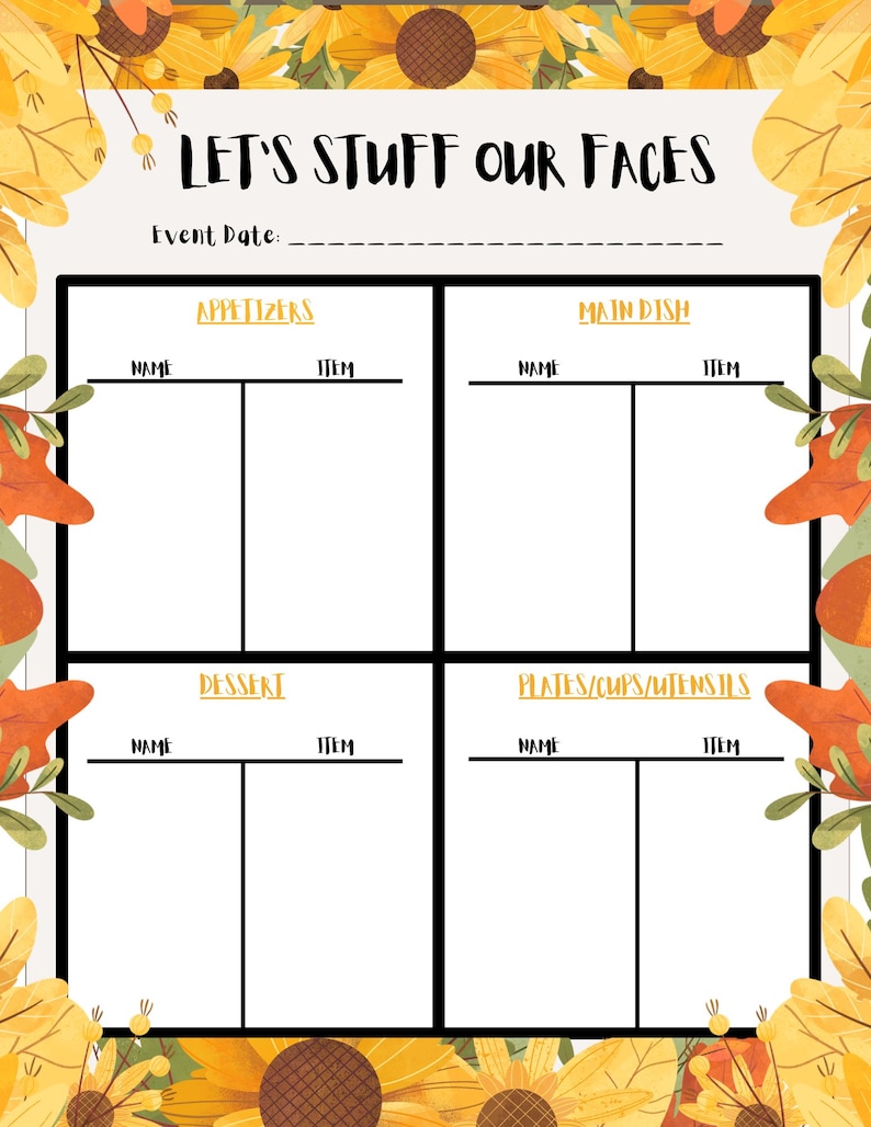 Potluck Sign up Sheet, Seasonal Potluck, Sign up Sheet - Etsy