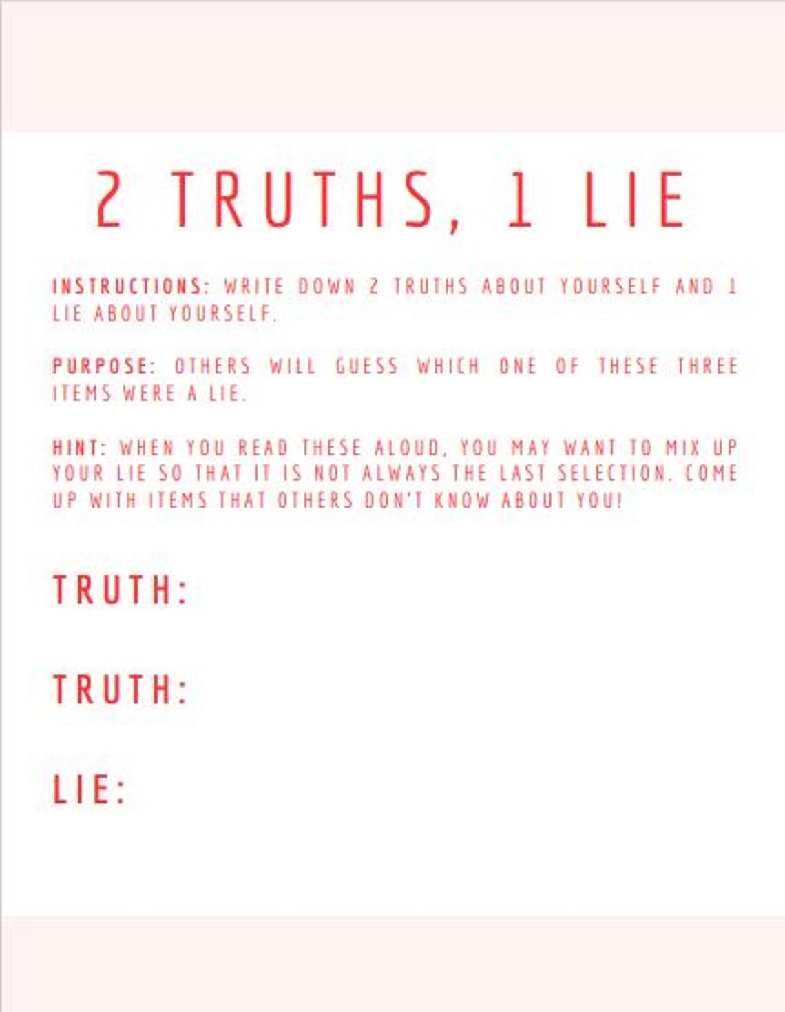 2 Truths 1 Lie Game, Icebreaker, Work Game - Etsy