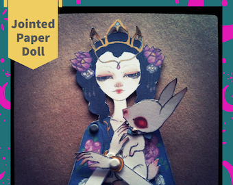Jointed Moveable Articulated Paper Doll - Chinese Moon Goddess with Jade her Bunny Rabbit Print Ready to Assemble