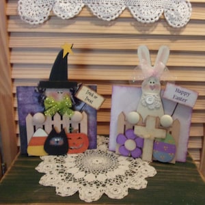 Happy Easter Bunny and Halloween Witch on the Fence