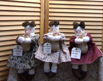 Handmade Doll with Kitty: Homespun Dress, Hang Tag Sentiment