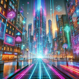 Futuristic Neon Cityscape - Cyberpunk Digital Art for Home Decor and Gaming Spaces