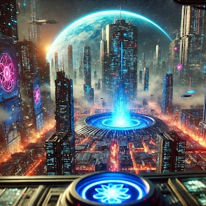 Futuristic Sci-Fi Cityscape | Neon Cyberpunk Digital Art | Space-Themed Wall Decor