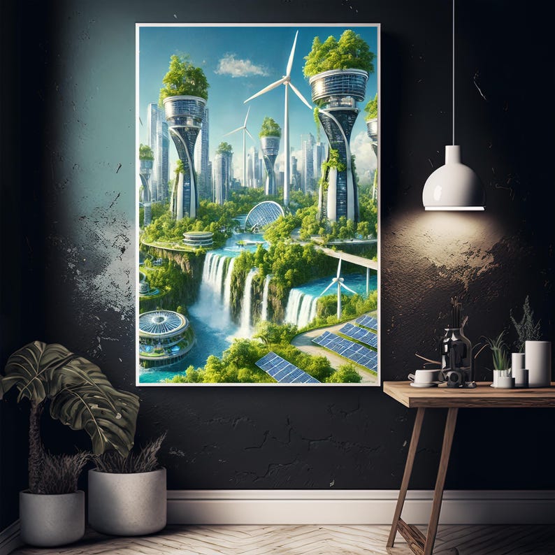 Image showcasing Eco City Art Print Futuristic Green City Poster Sustainable Future Wall ...