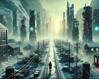Post-apocalyptisch Victoriaans futurisme - dystopische stadsgezicht digitale kunstafdruk