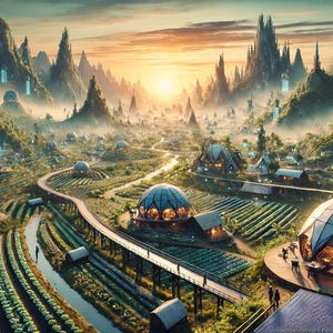 May include: A futuristic city with dome-shaped buildings nestled amongst lush green hills and waterfalls. The city is illuminated by a bright sunset and features a winding road leading through the landscape.