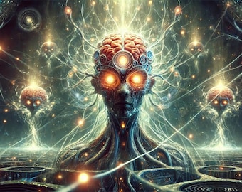 Stampa artistica futuristica dell'Illuminismo cibernetico / Poster di rete neurale fantascientifica / Opera d'arte digitale ispirata all'intelligenza artificiale