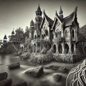Gothic Fantasy Ecotopian Castle - Dark Stonepunk Digital Art Print