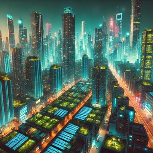 Cyberpunk Green City - Neonowe Wieżowce i Miejska Zieleń Cyfrowy Wydruk Sztuki