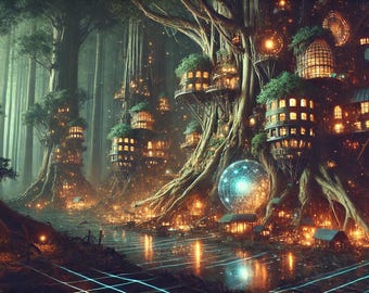 Verzaubertes Baumhaus-Dorf in mystischem Wald | Fantasy Digital Art Print für umweltfreundliche Dekoration