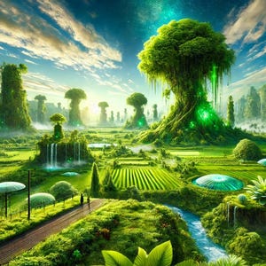 May include: A lush, green, fantasy landscape with waterfalls, trees, and a river. The scene is filled with vibrant colors and a sense of wonder.