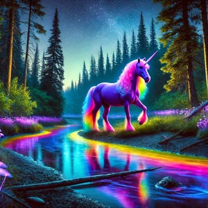 Może przedstawiać: Magiczny jednorożec z tęczową grzywą i ogonem stoi w lesie nad rzeką. Rzeka świeci tęczowymi kolorami, a na brzegach rosną świecące fioletowe grzyby.