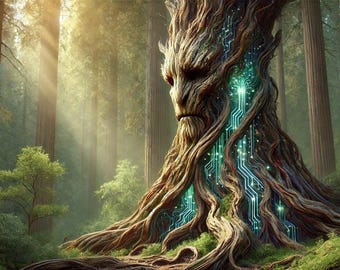 Impression d'art Arbre de vie technologique : fusion nature science-fiction (téléchargement numérique)