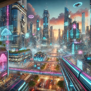 Futuristic Eco-Cityscape | Neon Cyberpunk Urban Skyline | Digital Art Print