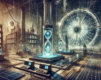 May include: A futuristic cityscape with a large Ferris wheel in the background. The scene is lit by a blue glow emanating from several hourglass-shaped containers. The containers are made of glass and have a metallic frame. The cityscape is made of metal and glass buildings. The scene is set in a dark and mysterious atmosphere.