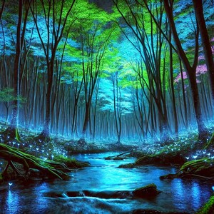 Arte de parede da floresta com brilho encantado - Paisagem noturna azul mística com árvores luminescentes - Impressão digital da natureza mágica