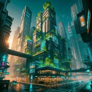Futuristic Eco-Cyberpunk Cityscape - Neon Greenery Digital Art Print