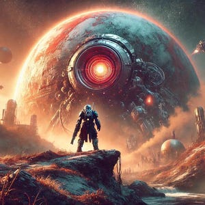 Peut inclure: Une scène futuriste avec une grande planète mécanique rouge en arrière-plan. Une silhouette solitaire en costume sombre se tient au premier plan, face à la planète. La scène se déroule sur fond de ciel étoilé et d'autres planètes.