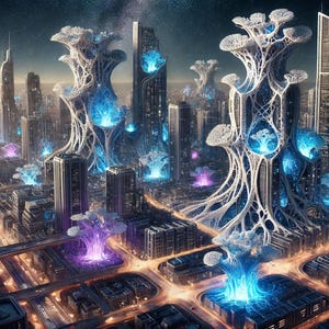 Digital Art Print: Futuristic Cityscape - Bioluminescent City, Sci-Fi Urban Landscape, Cyberpunk Art