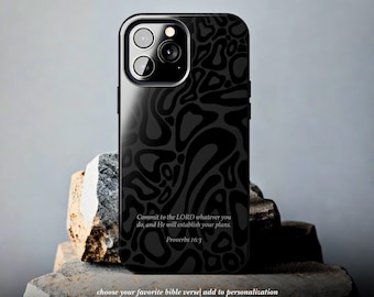 Custom Bible Verse Abstract Black Swirl Phone Case | Tough Phone Cases, Proverbs 16:3 Scripture