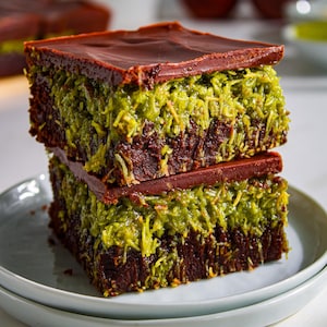 May include: Two square slices of layered dessert. The bottom layer is a dark brown cake, topped with a layer of green shredded coconut, and finished with a dark chocolate ganache. The dessert is stacked on a white plate.