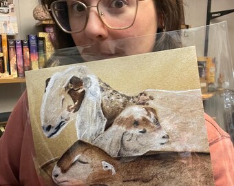Goats Art Print, Pastel Illustration (9x12in)