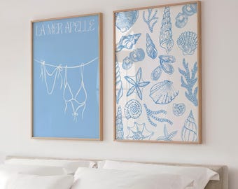 La Mer-posterduo | Afdrukbare beachy muurkunst | Chique, minimalistische strandprints | Set van 2 stuks