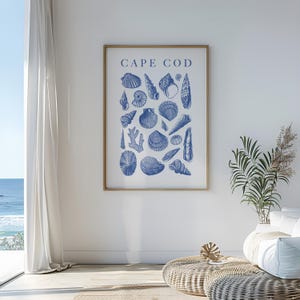 Peut inclure: Une impression bleue et blanche avec le texte "CAPE COD" et une illustration de divers coquillages.