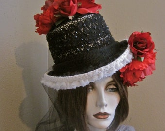Mistress Rose: Goth Bride&#39;s Top Hat Kentucky Derby Ringmaster Halloween Costume PHOTO SHOOT Red Roses Black Lace