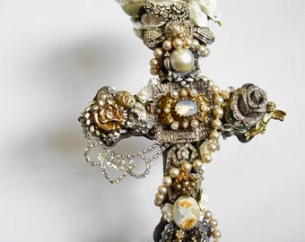 MADE to ORDER Jeweled Cross Vintage Antique Jewelry In Memoriam One of a Kind Choose your Colors, Themes and Size Standing or Wall Decor