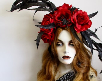 Creepy Courtship: Gothic Red Roses Headpiece Kentucky Derby Halloween Costume Headband SPIDERS Black Red Oversized Dramatic Statement