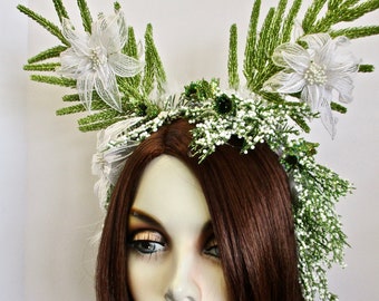 Darling Vixen: Antler Headpiece Adult Christmas Headband Winter Solstice Photo Shoot Snow Goddess Green White Flowers Sparkle