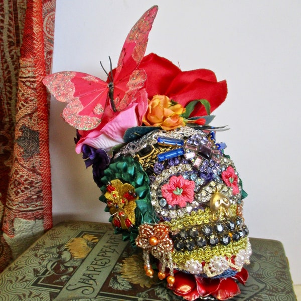 FOUND SOUL: Day of the Dead Art Sugar Skull Vintage Jewelry Assemblage Butterfly Roses Rhinestones Trimming One of a Kind Morticia Snow