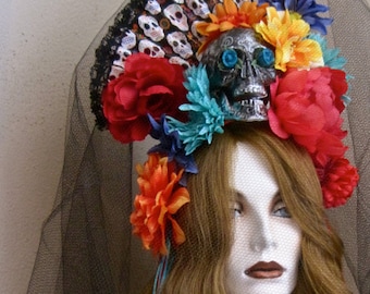 Bella Dama: Day of the Dead Headpiece Skull Flowers Halloween Senorita Colorful Ribbons Veil Morticia Snow